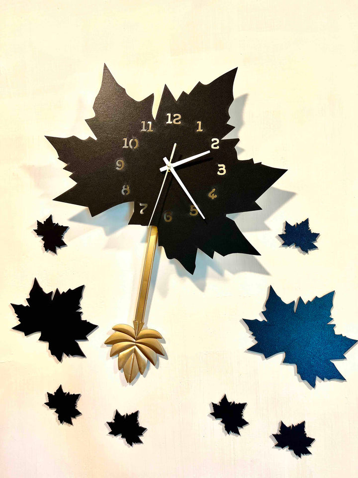 Black Maple Leaf Wall Clock with Pendulum - My Store