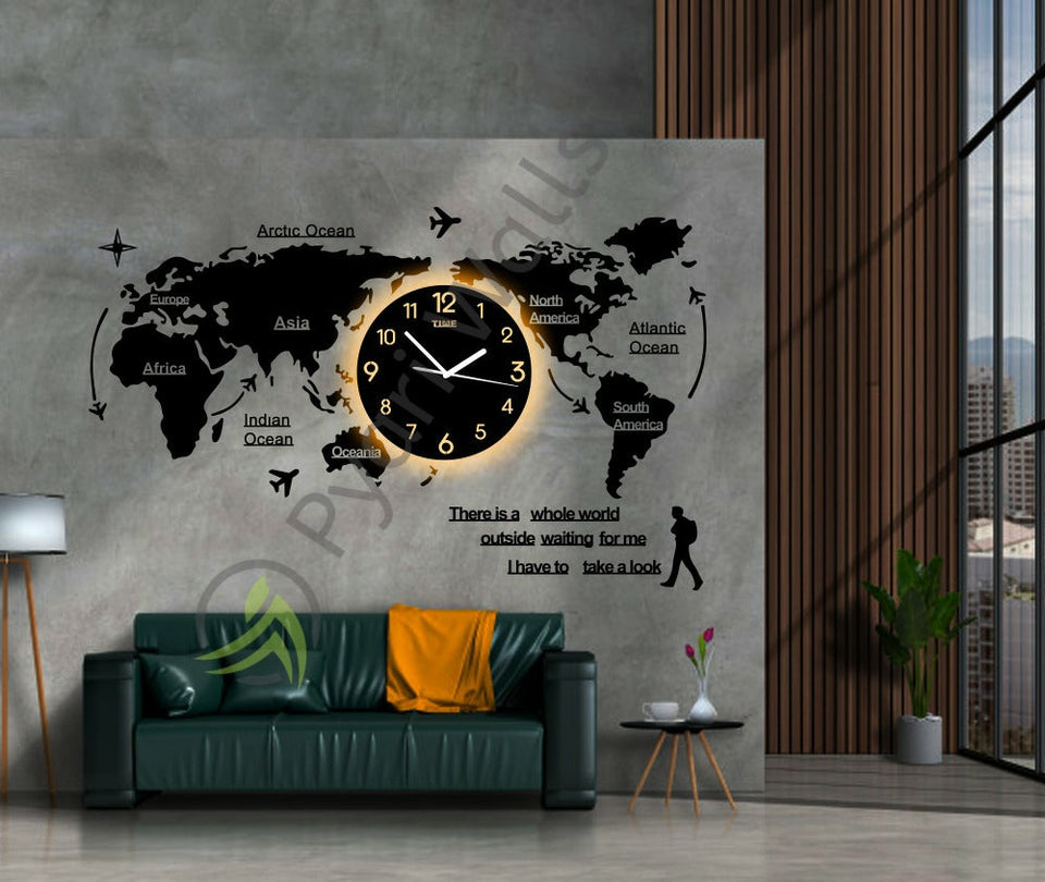 World Map Wall Clock with Rope Light(Large) - My Store