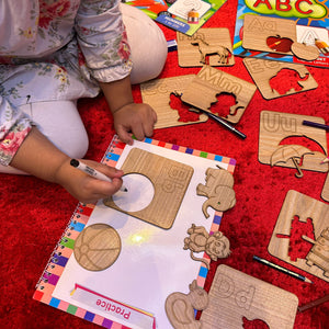 Kids Wooden Drawing Stencils English/Urdu/Mathematics Alphabets Learning Puzzle Toys - My Store