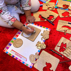 Kids Wooden Drawing Stencils English/Urdu/Mathematics Alphabets Learning Puzzle Toys - My Store