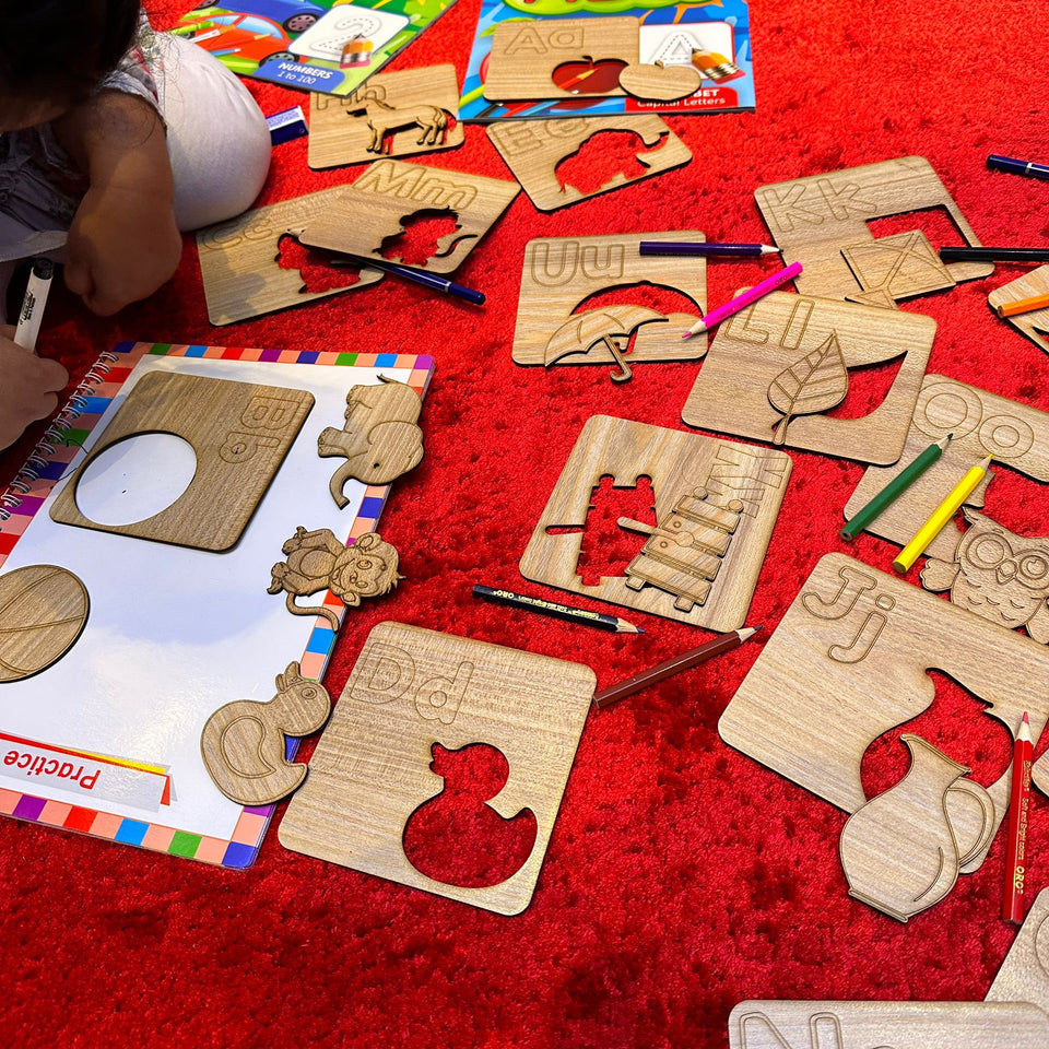 Kids Wooden Drawing Stencils English/Urdu/Mathematics Alphabets Learning Puzzle Toys - My Store